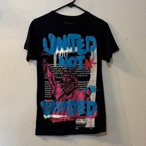 Reason Black Tee with Blue and Pink Graphic